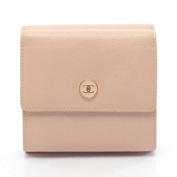 Chanel Coco Button Tri-fold Wallet Leather Women's Beige